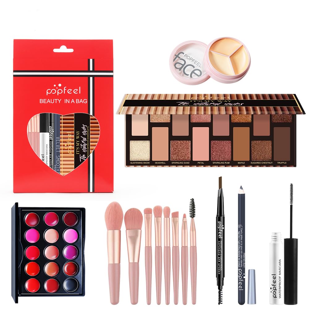 All in One Eyeshadow Palette Makeup Set, Makeup Kits with Makeup Brush Sets, Mascara, Eyebrow Pen, Concealer Lipstick Palette,Travel Makeup Bundle Holiday Surprising Makeup Box for Women Girl