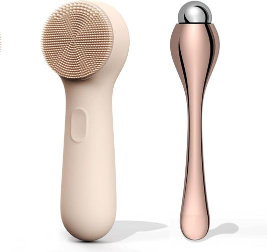 NågraCoola CLIE 2.0 Silicone Face Scrubber, Facial Cleansing Brush, Rechargeable, Waterproof Face Scrub Brush for Deep Cleansing, Exfoliating, Massage, with Eye Roller, for Women and Men - Oat