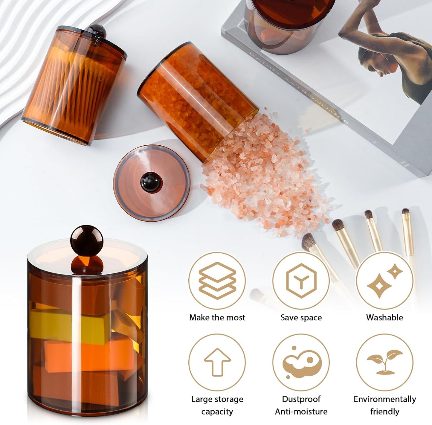 4 Pack Qtip Holder,Canister Apothecary Jar Set, Bathroom Jars with Lids Set for Cotton Swabs, Balls, Pads, Floss Picks,10oz-12oz Plastic Canisters Restroom Bedroom Vanity Organizer(Brown)