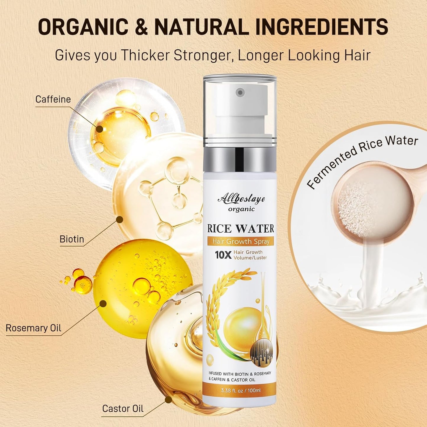 Rice Water Hair Growth Serum - Infused with Rosemary, Biotin, Caffeine, Non-Greasy Formula for Hair Loss, Damaged & Dry Hair, Thicker, Longer, Fuller Hair (3.38 OZ(Upgrade))