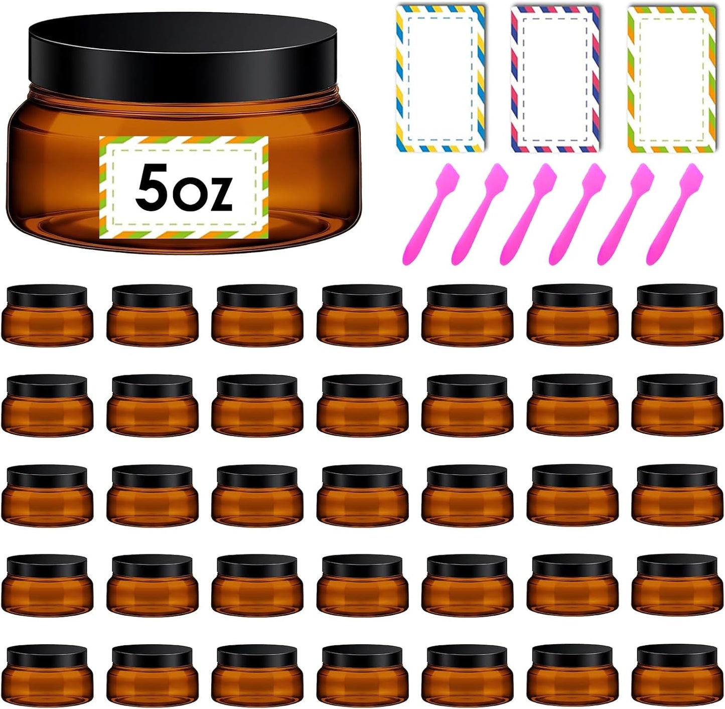 36 Pack 5 oz Amber Plastic Cosmetic Containers With Lids Refillable Clear Empty Travle Jars Containers for Body Butter,Sugar Scrubs,Cream,Lotions,Candy, Waterproof Label&Spatulas - (Black Lid)