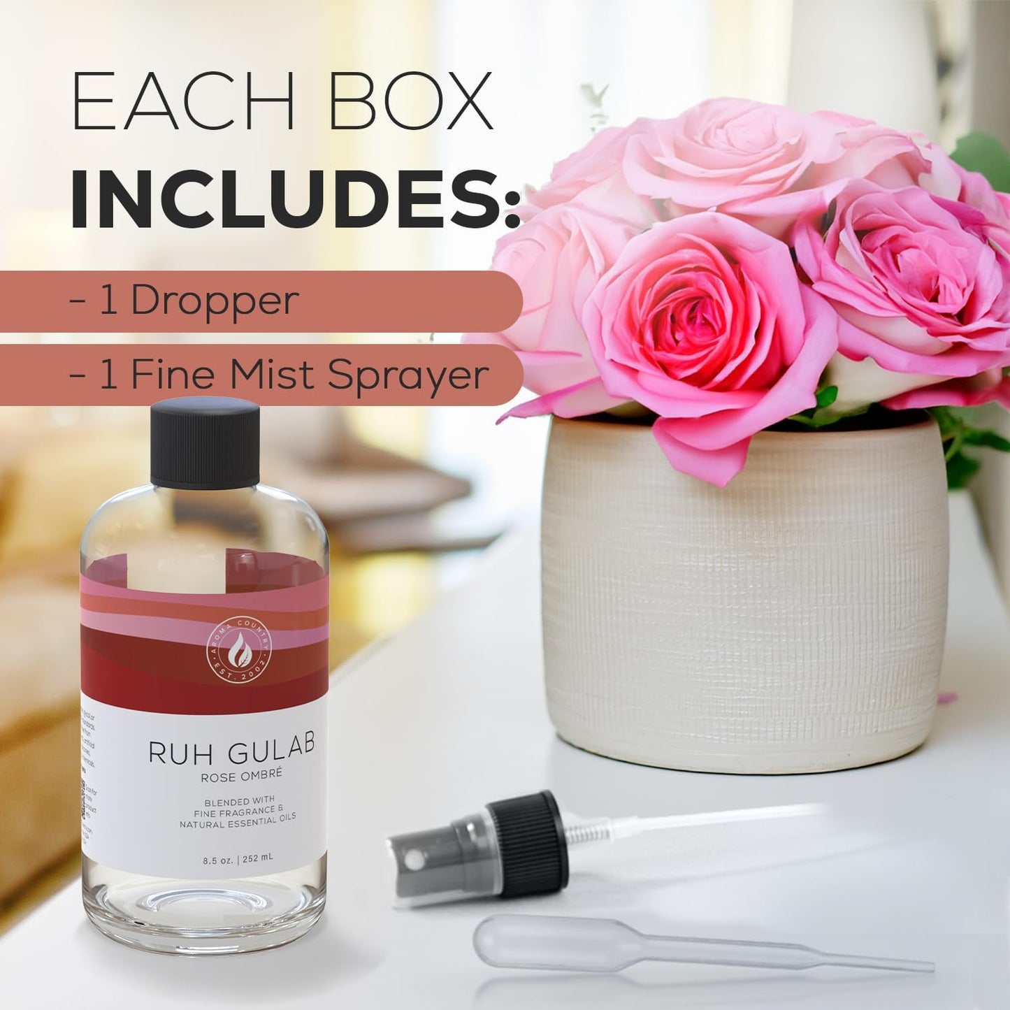 Aroma Country Ruh Gulab Diffuser Oil - Luxury Essential Oils for Diffuser Refill & Air Freshener Room Spray - Long-Lasting & Natural Home Fragrance, Damask Rose Scented Oil for Diffusers (8.5 Fl. oz)