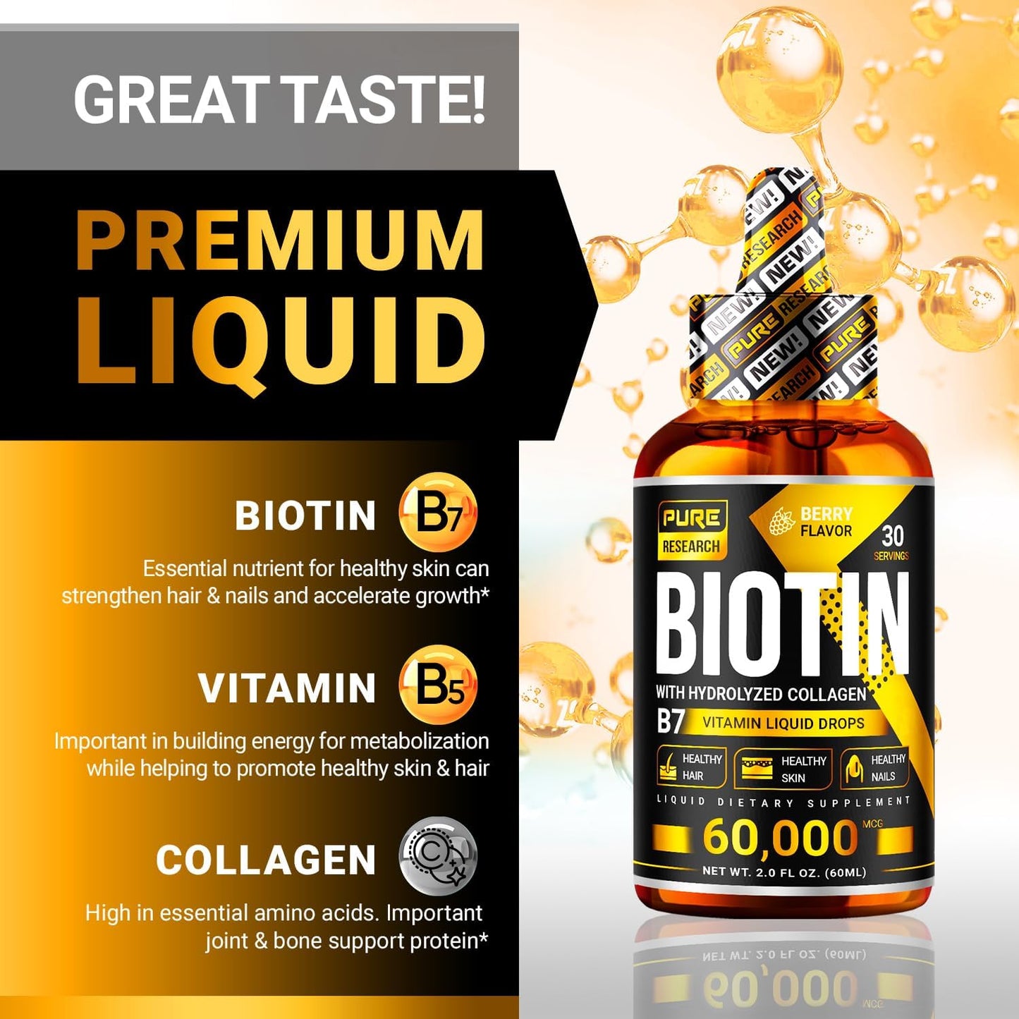 PURE RESEARCH Liquid Biotin & Collagen Hair Growth Drops 60,000mcg - Biotin and Liquid Collagen Supplement for Men & Women - Glowing Skin Support, Healthy Hair & Nail Growth - 2oz
