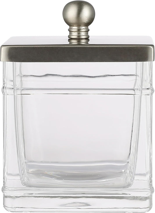 Apothecary Glass Cotton Jar Holder Brushed Nickel Stainless Steel Lid, Elegant Bathroom Storage Canister for Qtips, Cotton Balls, Floss, Makeup Organizer, Vanity Bathroom Organization