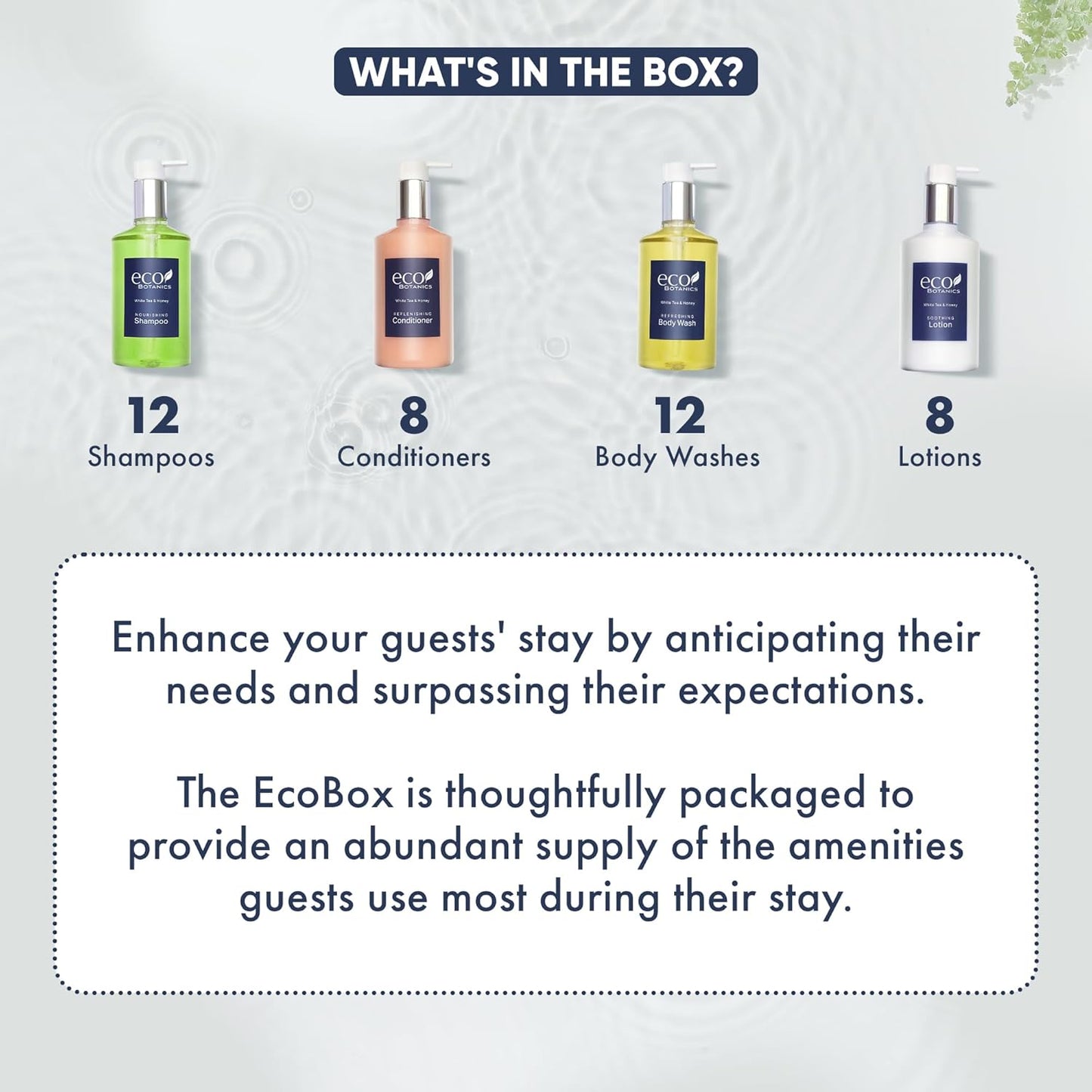 A 40 Piece Ecobox All-In-Kit of our Ecobotanics 10.14 oz. 300 ml Bottles-12 Shampoo, 8 Conditioners, 12 Body Wash & 8 Lotions