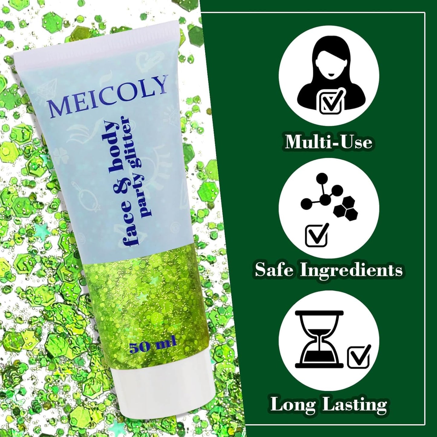 MEICOLY St Patricks Day Accessories,St Patricks Day Outfits for Women,Lime Green Face Glitter,Light Green Body Glitter,Glitter Face Paint for Party Festival,Chunky Glitter Makeup for Face/Body/Hair
