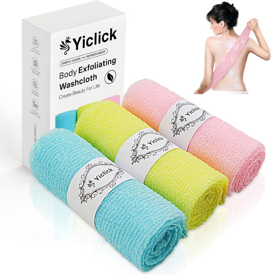 Yiclick Exfoliating Washcloth Towel [3 Pack], Japanese Exfoliating Wash Cloth, Korean Body Scrubber Exfoliator, Back Scrubber Washer for Shower Bath, Body Scrub African Net Sponge Loofah Luffa Colors