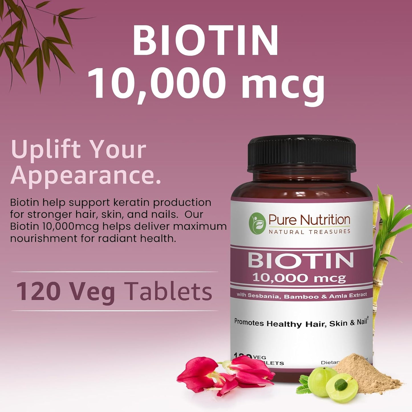 Pure Nutrition Biotin 10000mcg with Sesbania, Bamboo & Amla Extract | 120 Tabs | Natural Biotin 10000mcg Supplement | Non GMO | Gluten Free