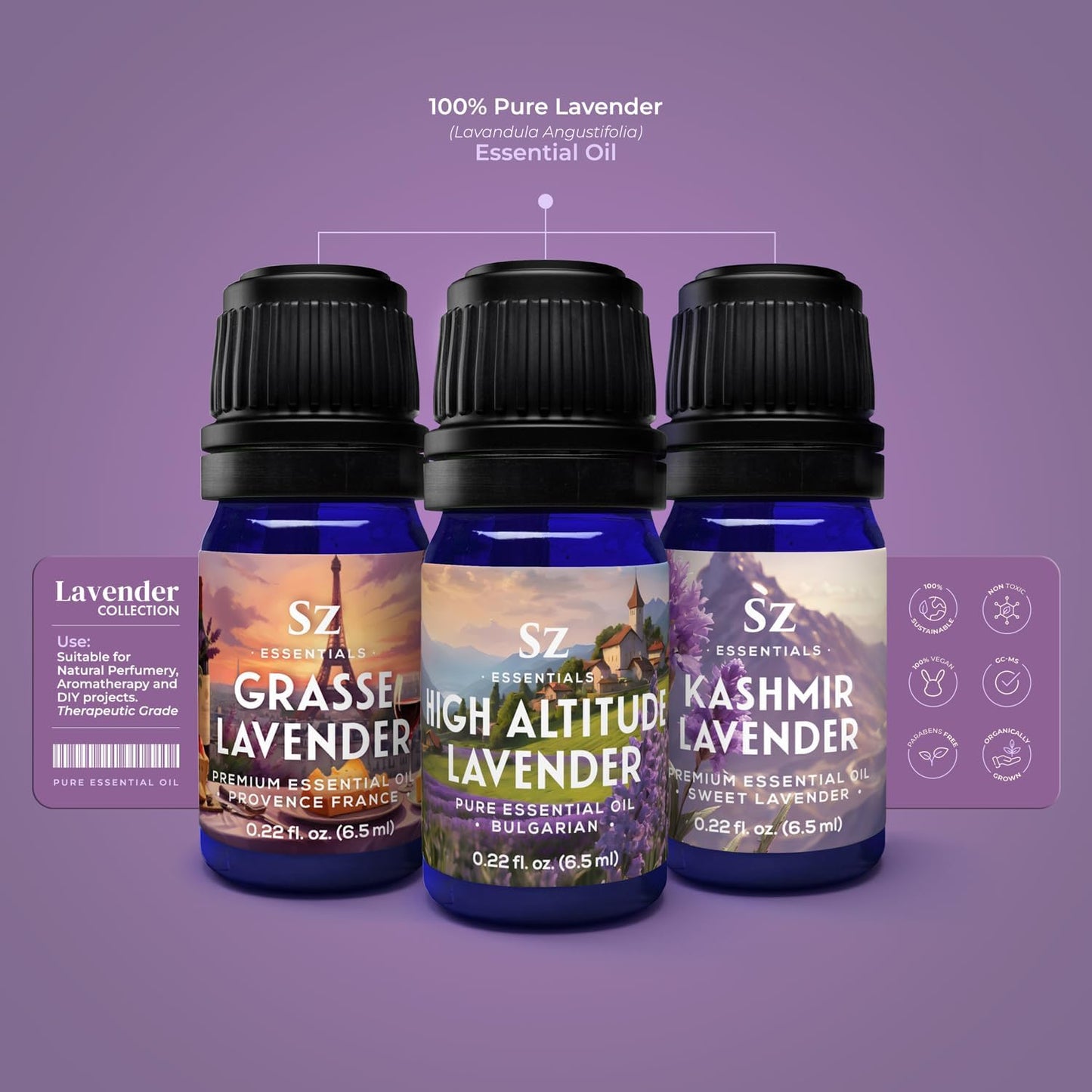 Lavender Essential Oils Collection - Grasse Lavender + High Altitude + Kashmir - Set of 3 Bottles (0.22 Fl Oz - 6.5ml Each)- 100% Pure, Natural & Undiluted - Therapeutic Grade & Vegan