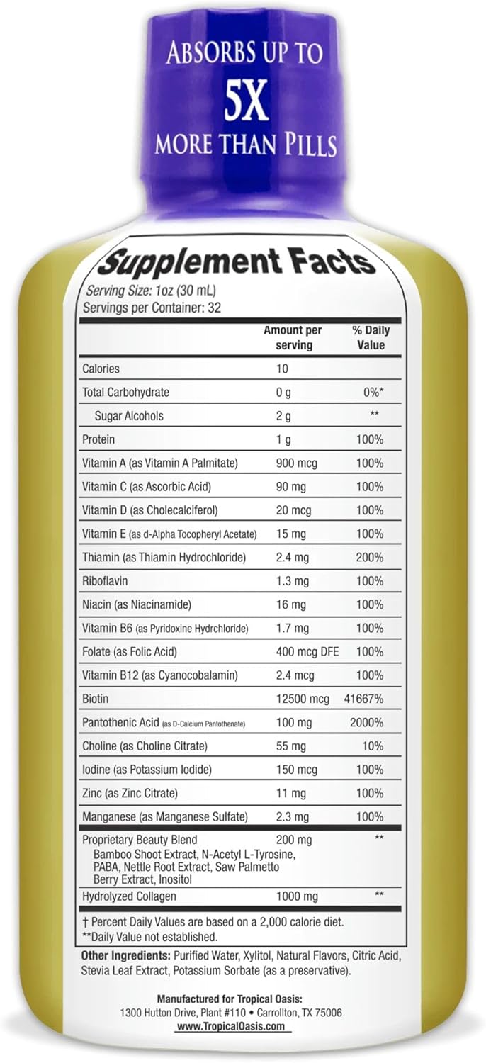 Tropical Oasis - Liquid Beauty | Supplement for Hair, Skin, & Nail Growth - Biotin + Hydrolyzed Collagen (32 Servings)