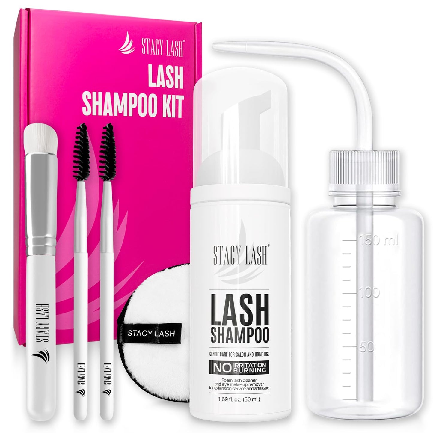 STACY LASH Lash Shampoo Kit Foaming Cleanser with Eye Lash Spoolies & Rinse Bottle & Cleansing Pad & Brush for Eyelash Extensions & Clusters & Natural Eyelashes