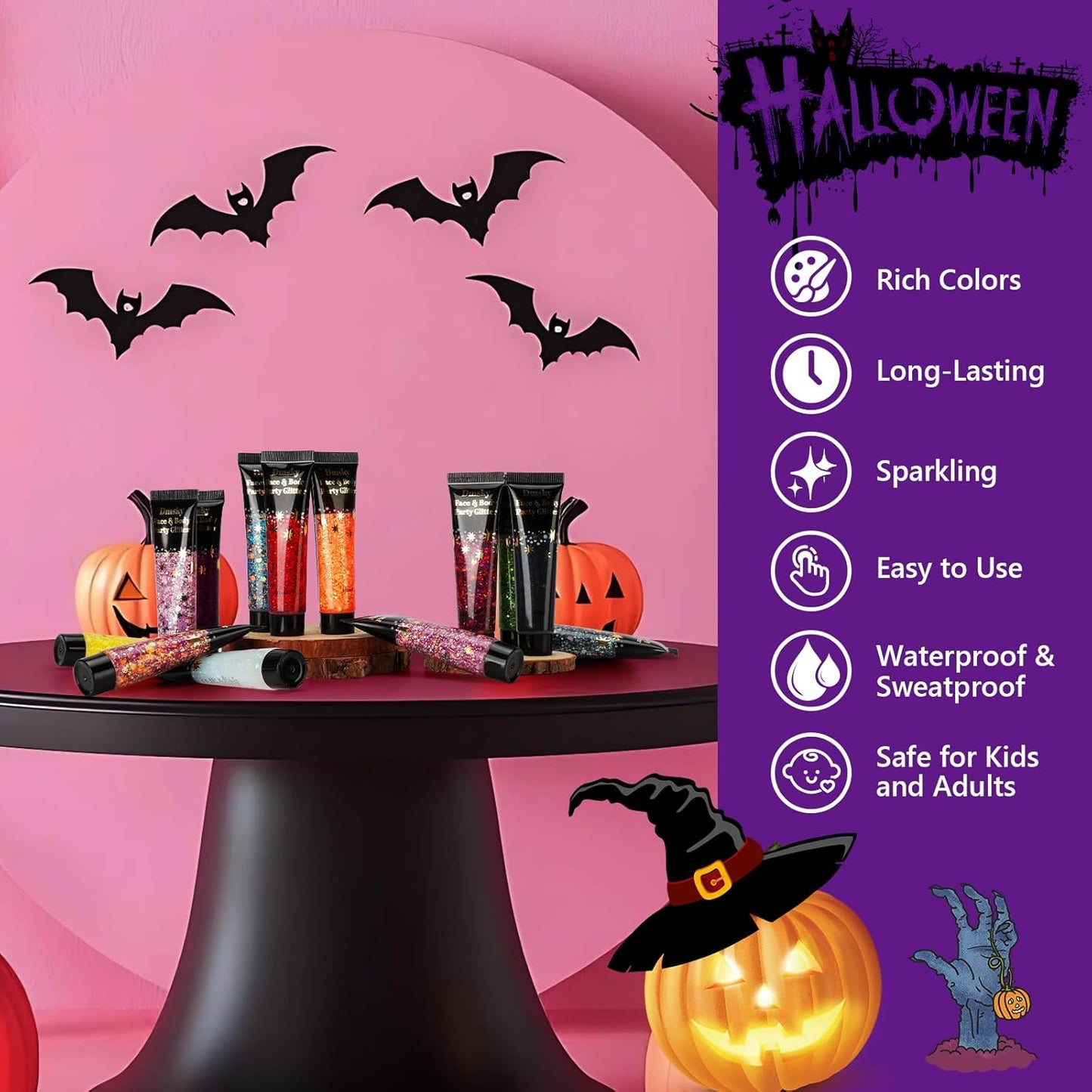 14 Colors Body Glitter,Face Glitter Makeup for Kids Women,Sparkly Chunky Hair Glitter for Eye Lip Nails,Mardi Gras Glitter Makeup Face Paint,Singer Concerts Disco Rave Festival Accessories-Hallowmas