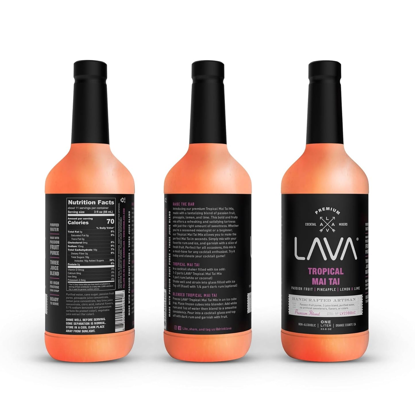 (3 Pack) LAVA Premium Tropical Mai Tai Cocktail Mix made with real passion fruit, pineapple, lemon and lime, no artificial sweeteners, 1-Liter (33.8oz) Glass Bottle, Ready to Use.