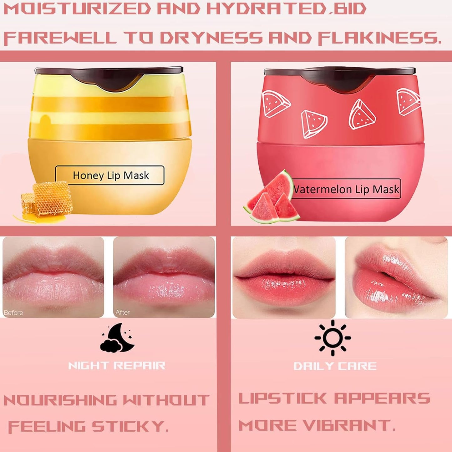 4 PCS Bee Lip Balm Honey Pot, Honey Coconut Watermelon Peach Sleeping Lip Mask Overnight with Sticks, Exfoliating Prevention Dry and Crack Lip Scrubs