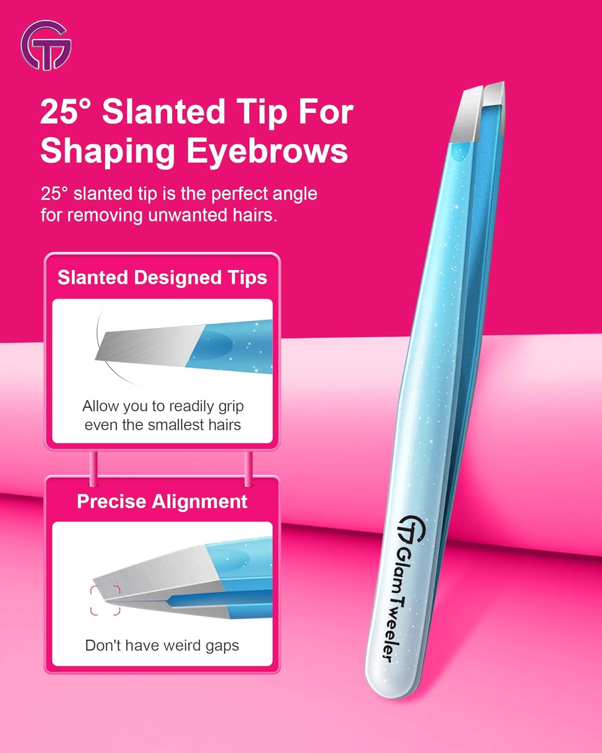 Expert Slant and Point Tip Tweezer Set with Exclusive Storage & Carrying Case, GlamTweeler Sharp & Precision Tweezer Set for Eyebrows, Facial Hairs and Fine Hairs Removal (Sparkle Blue + Silver)