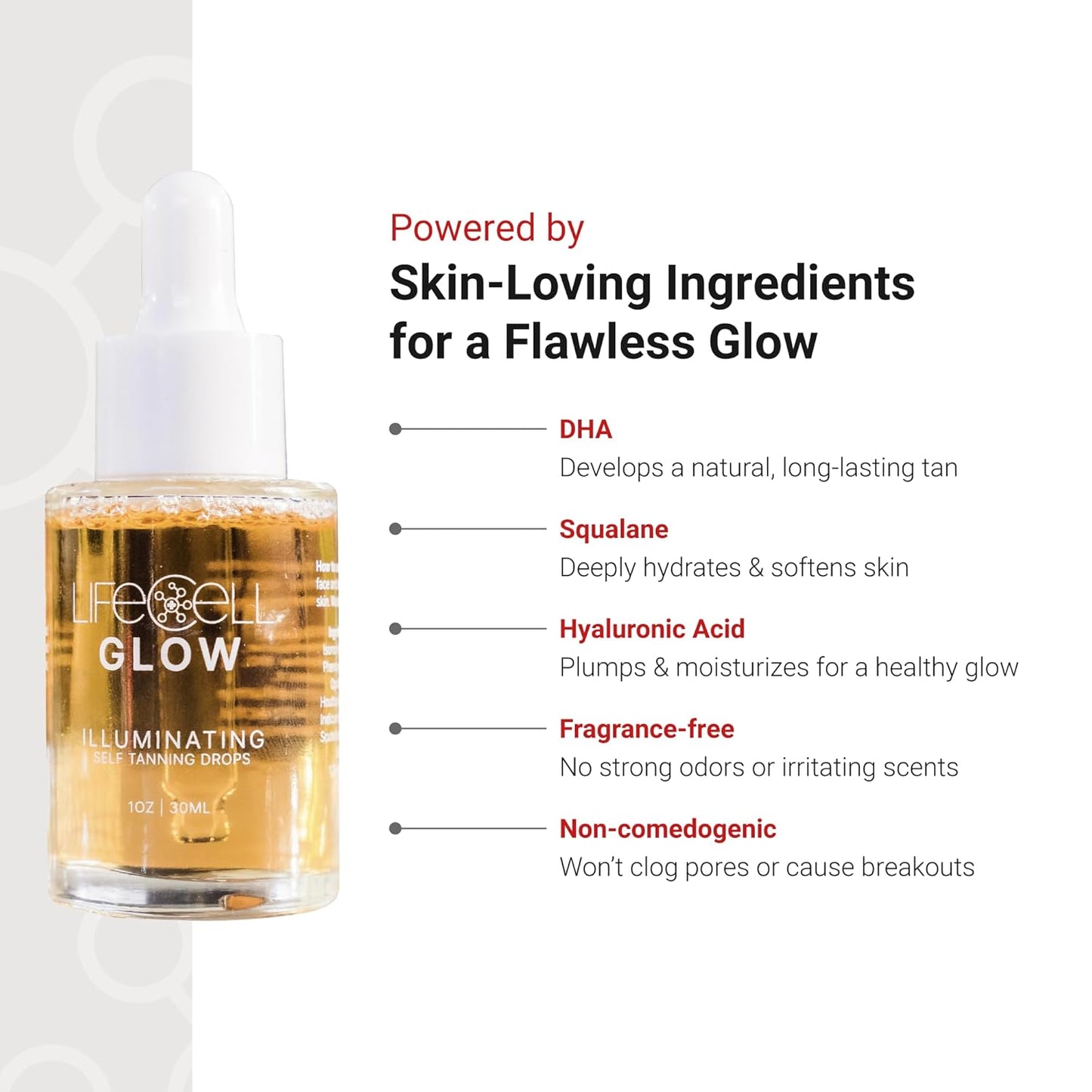 LifeCell Glow Self-Tanning Drops for Face & Body, DHA & Squalane Formula, Customizable Tan, Streak-Free, Hydrating, Fragrance-Free, Non-Comedogenic, Safe for All Skin Types, 1 Fl Oz