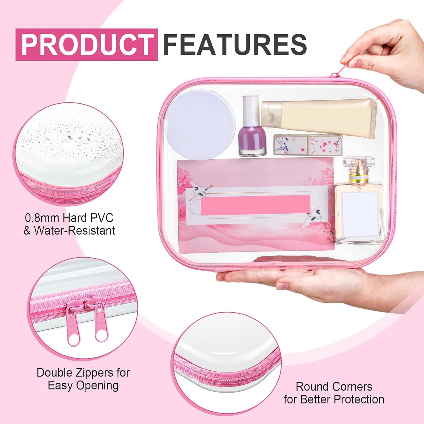 Sanwuta 6 Pcs Clear Hard Zipper Case Pencil Pouches Hard Plastic Zipper Pouches Makeup Bag Transparent Cases for Snacks Plastic Storage Organizer Box for Travel(Pink,9.84 x 7.87 x 2 Inch)