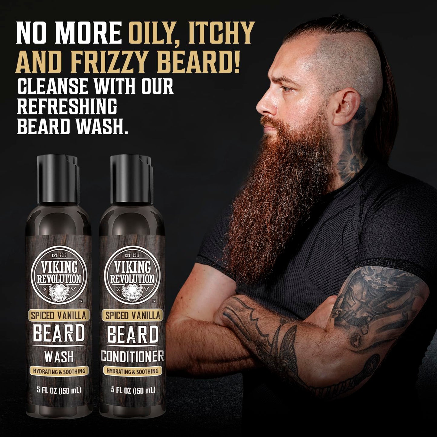 Viking Revolution Beard Wash and Beard Conditioner for Men with Argan Oil and Jojoba Oil - Beard Softener and Strengthener Beard Care Beard Shampoo and Conditioner with Beard Oil (5oz, Spiced Vanilla)