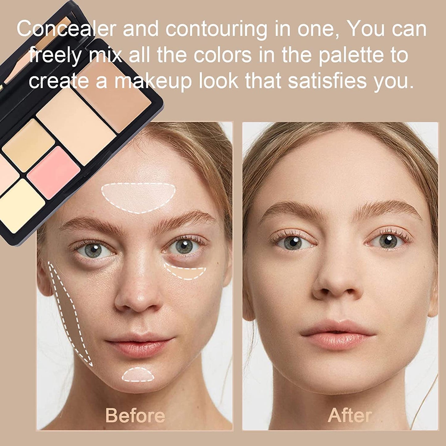 6 Colors Correcting Concealer Palette, Makeup Cream Contour Palette with Brush, Contouring Foundation Highlighting Concealer Palette for Conceals Dark Circles, Redness, Acne, Blemish