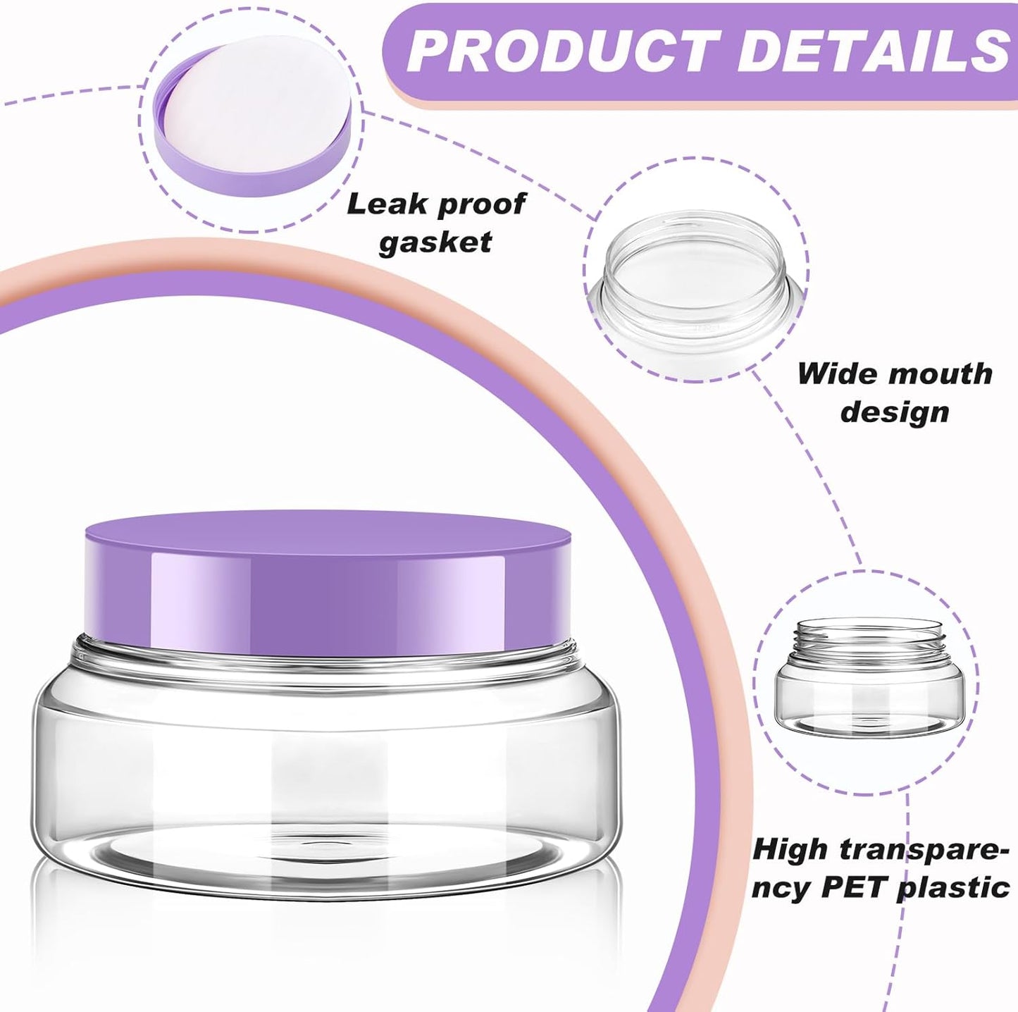 Tessco 24 Pack Plastic Jars with Lids Labels Empty Clear Plastic Jars Round Refillable Cosmetic Containers Body Butter Containers Bulk Sugar Scrub Bottle for Make Up(5 oz,Clear, Purple)