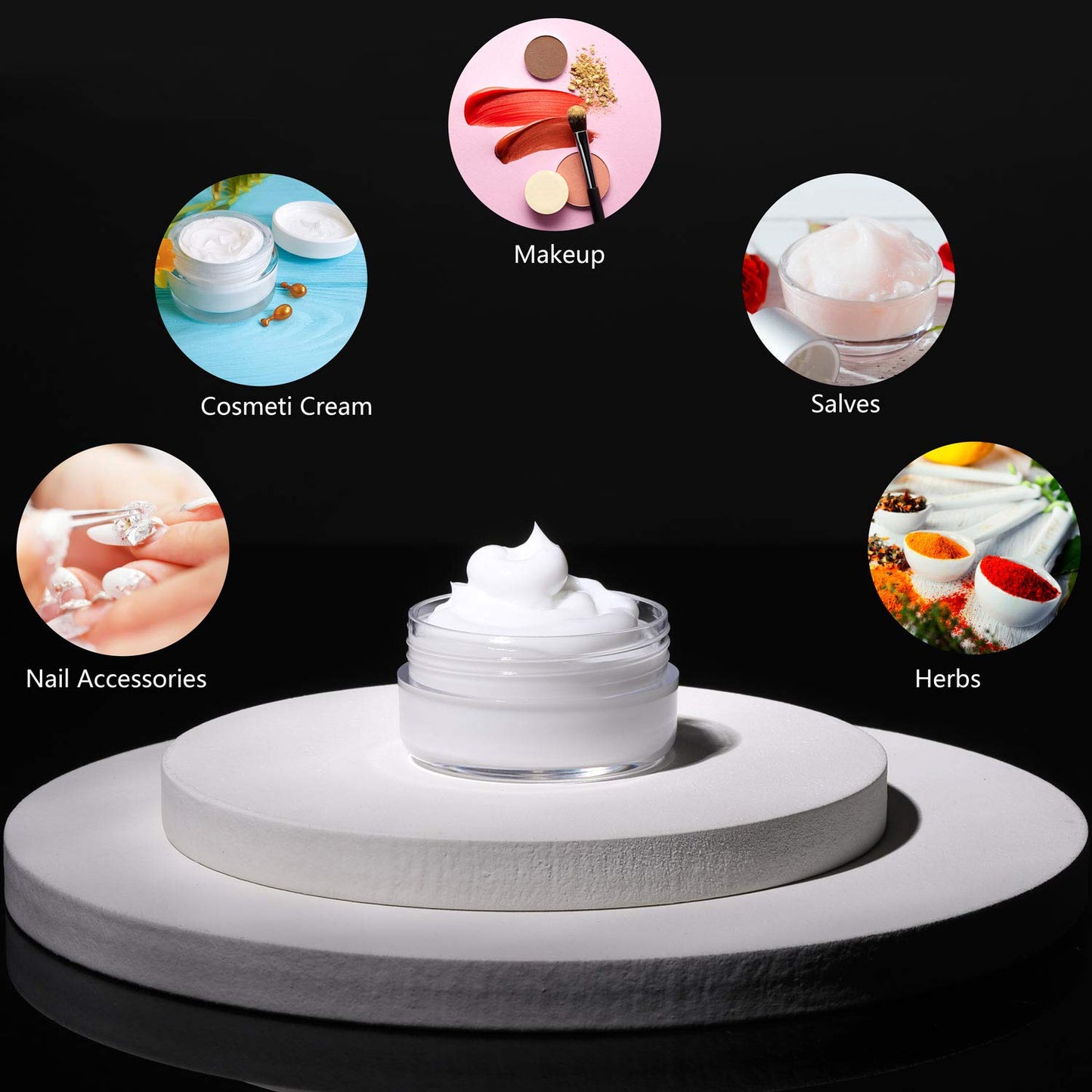 Refillable Cosmetic Sample Jars - 100 Pack 10g (0.35oz) White Small Travel Containers with Lids + 10 Mini Makeup Spatulas - BPA Free