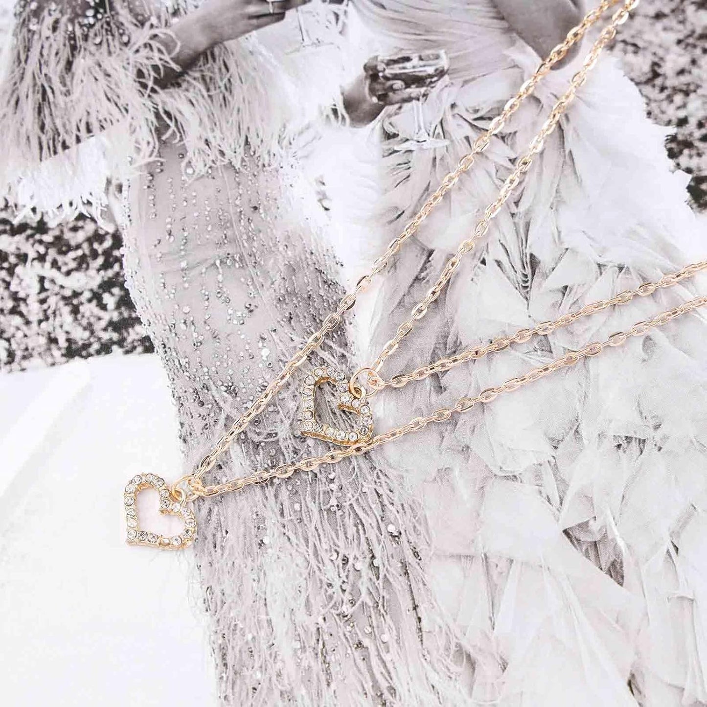 Boho Layered Heart Choker Necklace Crystal Heart Pendant Necklace Gold Double Heart Necklace Cz Open Heart Necklace Chain Jewelry for Women