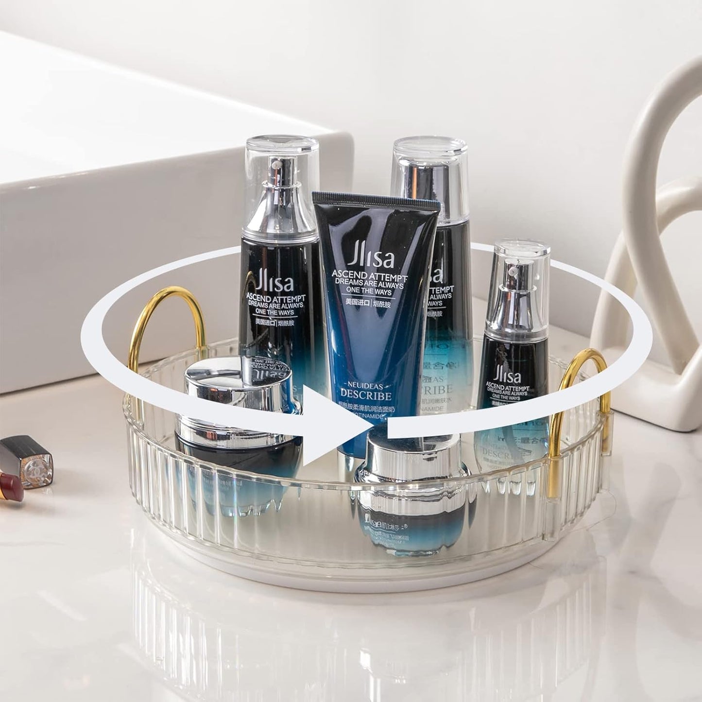 Rotating Makeup Organizer for Vanity, High-Capacity Skincare Clear Make Up Storage Perfume Organizers Cosmetic Dresser Organizer Countertop 360 Spinning (Clear, 1 Tier)