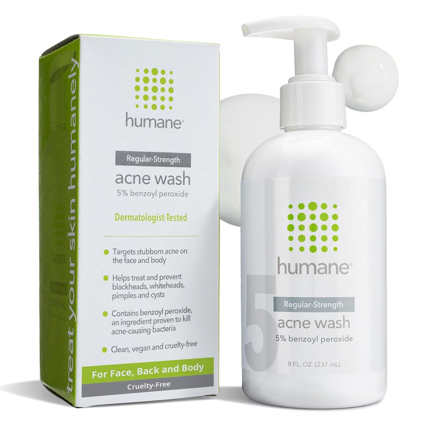 humane Benzoyl Peroxide Acne Face Wash - 5% Regular-Strength Acne Treatment for Face, Skin, Back and Body - 8 Fl Oz - Dermatologist-Tested Non-Foaming Cleanser - Vegan, Cruelty-Free