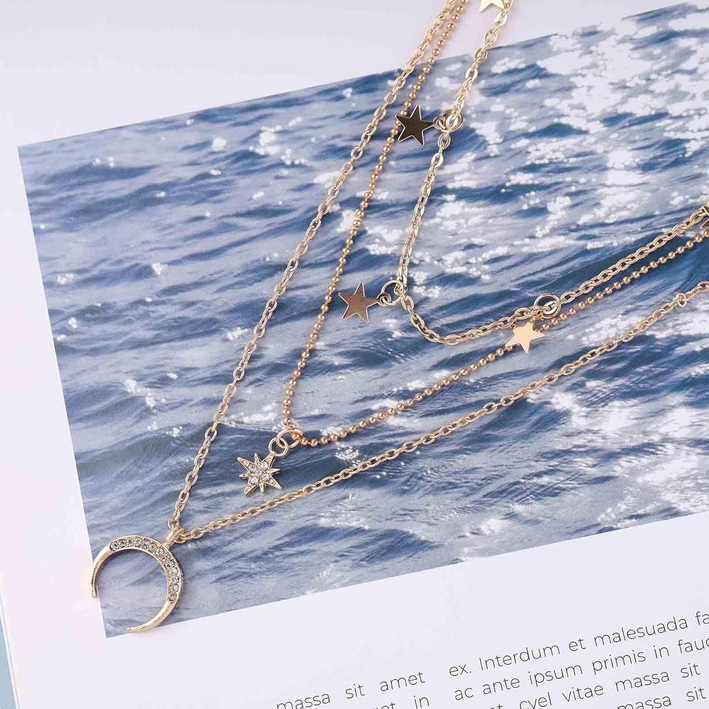 Boho layered moon star choker necklace crystal northstar necklace cz moon pendant necklace gold star dangle necklace jewelry for women