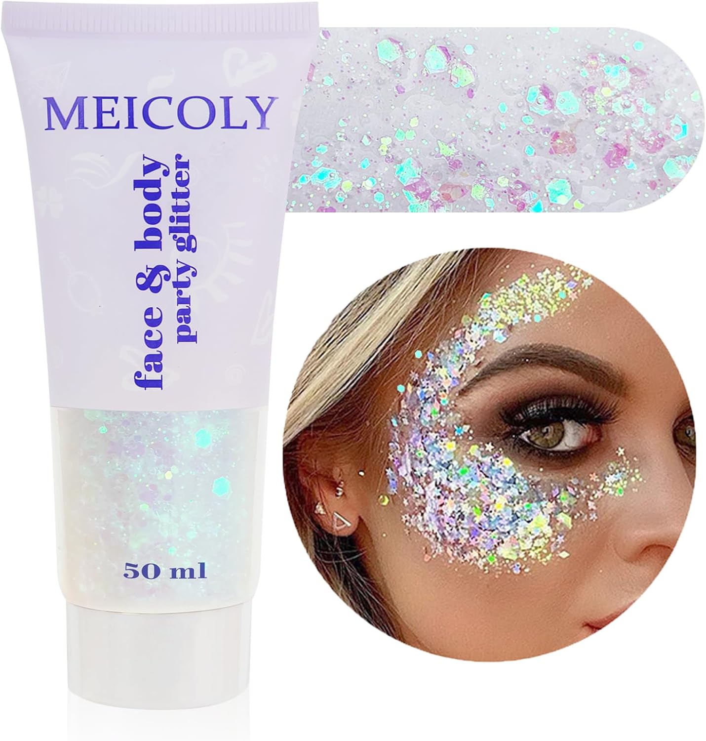 MEICOLY Clear White Body Glitter,Singer Concerts Music Festival Rave Accessories,Mermaid Face Glitter Gel,Sequins Glitter Face Paint,Chunky Hair Sparkling Halloween Glitter Gel for Women,50ml
