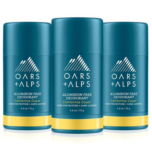 Oars + Alps Aluminum Free Deodorant for Men and Women, Dermatologist Tested and Made with Clean Ingredients, Travel Size, California Coast, 3 Pack, 2.6 Oz Each