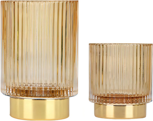 DASITON Makeup Brush holder Organizer,Crystal Cosmetic Makeup Brush Glass Brushes Storage Holder, Vintage Make Up Brush Cup Pen Pencil Holder striped vase(Coffee S＋L)