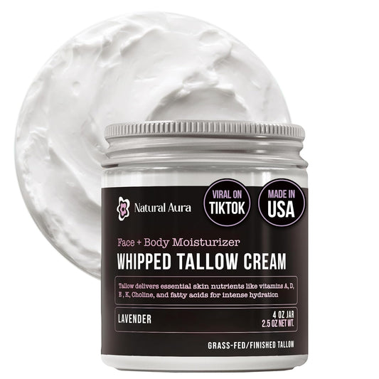 Whipped Beef Tallow for Skin - Face + Body Moisturizer, 100% Grass Fed Grass Finished Tallow and Honey Balm for Dry Skin - Natural Lotion - Free of Harsh Chemicals - 4oz, (Lavender)