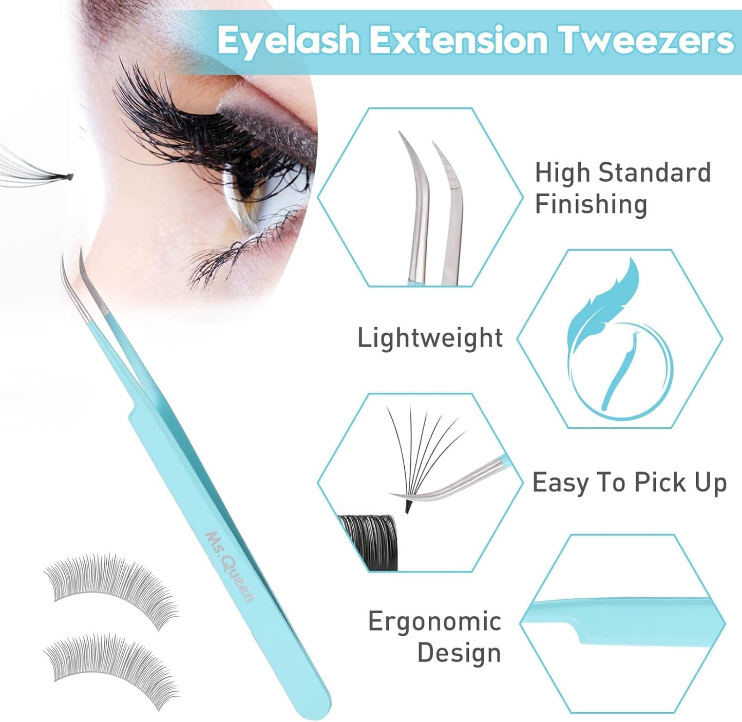 Ms.Queen Lash Tweezers for Eyelash Extensions,Professional 5Pcs Fiber Tip Curved Isolation 45 90 Degree Boot Volume Lash Tweezers for Extensions, Blue