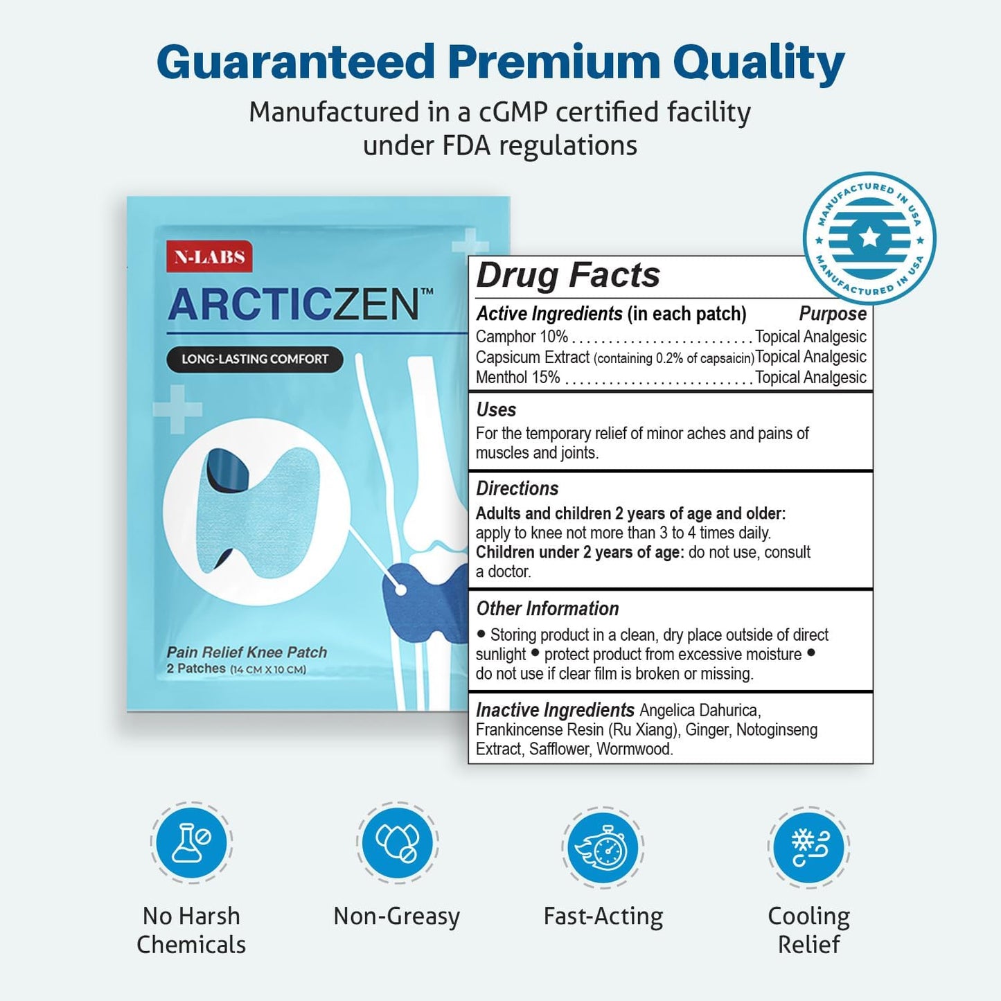 N-Labs ArcticZen Knee Pain Relief Patch for Adults – Extra Strength Knee Patches with Menthol, Camphor & Wormwood – Pain Patches for Knees, Joint Support, Bone on Bone Relief – 30 Ct