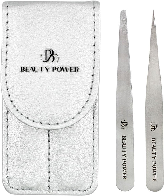 Professional Tweezers Set – Slant & Point, Ultra Precision German Stainless Steel Tweezers for Eyebrows, Chin, Ingrown Hair & Facial Grooming – Lightweight with Travel Case (Matte Grey)