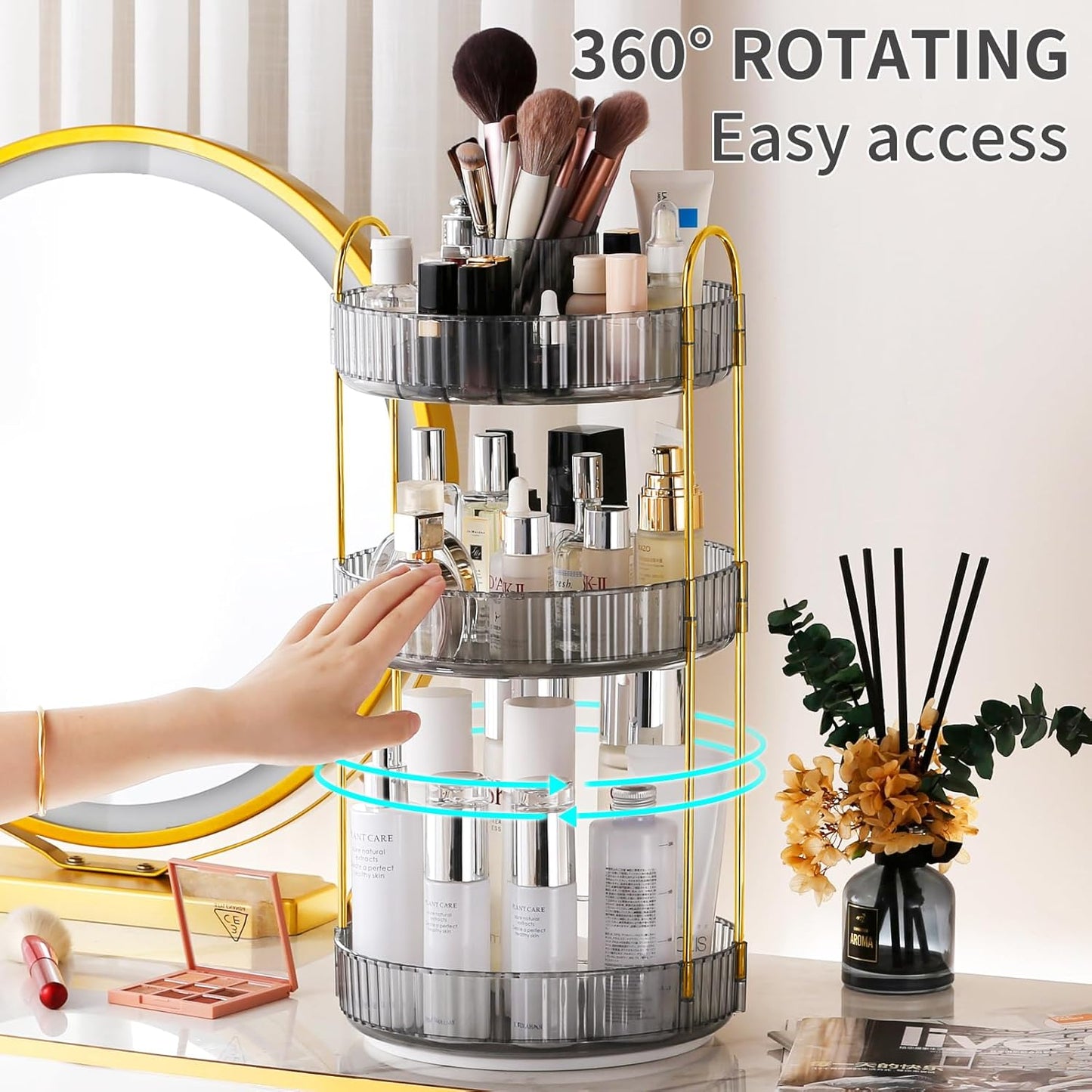 360° Rotating Makeup Organizer, Large-Capacity Skincare Make Up Storage 3 Tier Perfume Organizers Cosmetic Dresser Organizer with Makeup Brush Holder, Fits Bedroom, Bathroom, Vanity Shelf Countertop