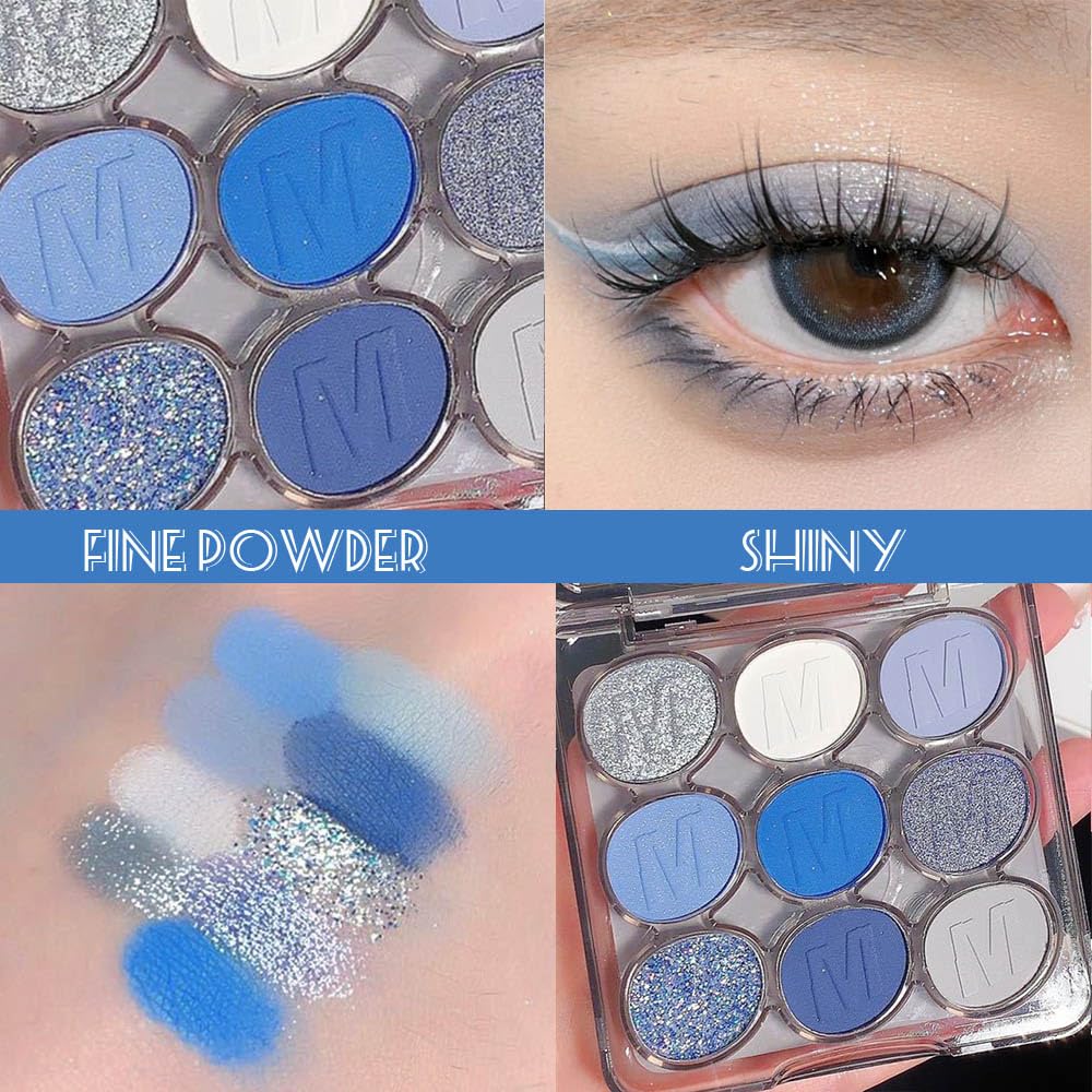 9 Colors Blue Silver Matte Shimmer Eyeshadow Palette for Eye Makeup,High Pigmented White Gray Eye Shadow Primers Powder Palet de sombras de ojos