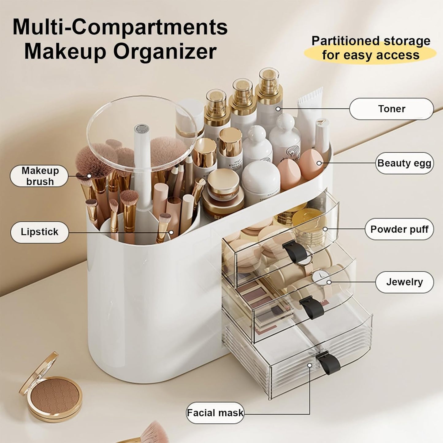 DASITON Makeup Organizer with 3 Drawers,Automatic Lifting Makeup Brush Holder with Lid,Large Capacity Makeup Organizers for Vanity,Bathroom Countertop,Ideal Storage Skin Care,Brushes,Lipstick (White)