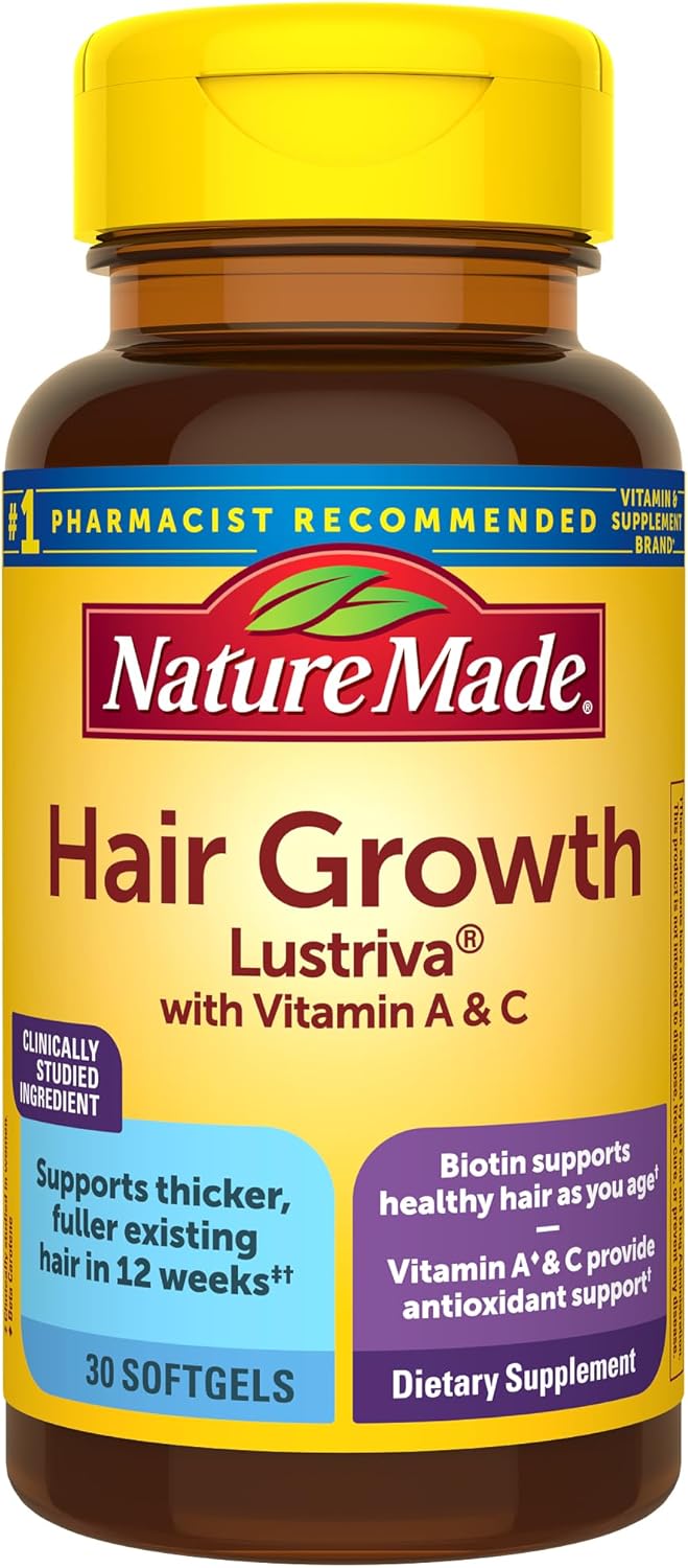 Nature Made Hair Growth Softgels with Lustriva, Biotin, Vitamin C & A, Support Healthy Hair as You Age, 30 Softgels, 30 Day Supply