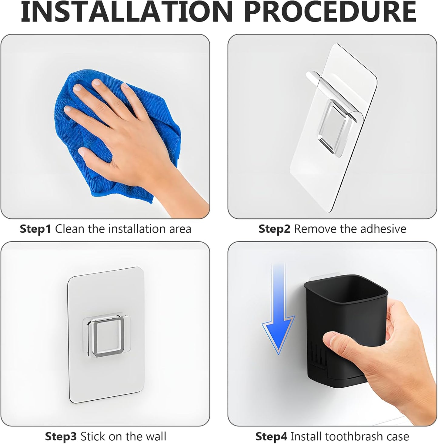 2 Packs Wall Mounted Toothbrush Holders, Self Adhesive Bathroom Toothbrush Wall Holder for Electric Toothbrush, Toothpaste, Razor,Shower Item (Black