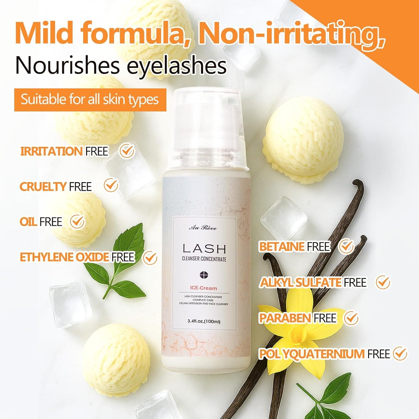 Lash Shampoo Concentrate 100ml Lash Extension Cleanser Oil-Free Eyelash Extension Shampoo with Salon Home Care -Makes 20 Bottles 60ml Eyelash Cleaner,Ice Cream