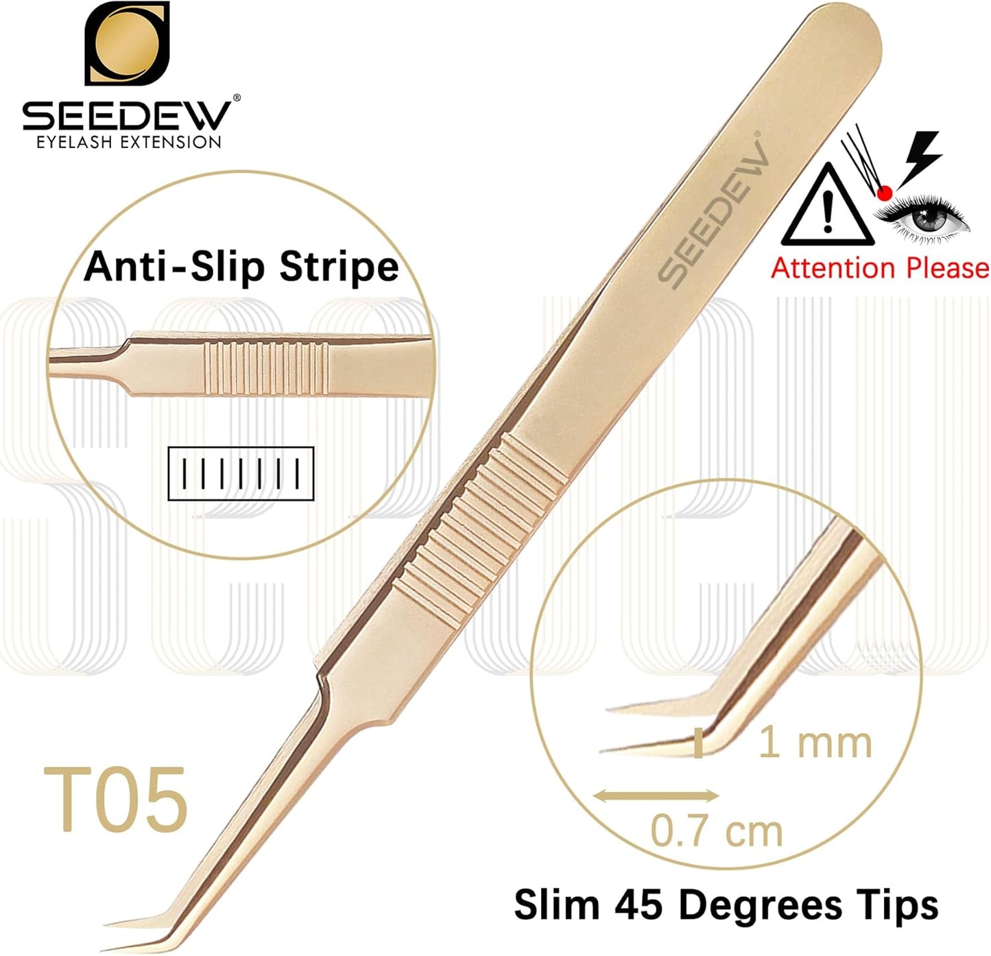 Golden Stainless Steel 45 Degree Angled Volume Tweezer, 1 Pc, T05 Fiber Tip, Precision Eyelash Extension Tool for Lash Tech & Artist