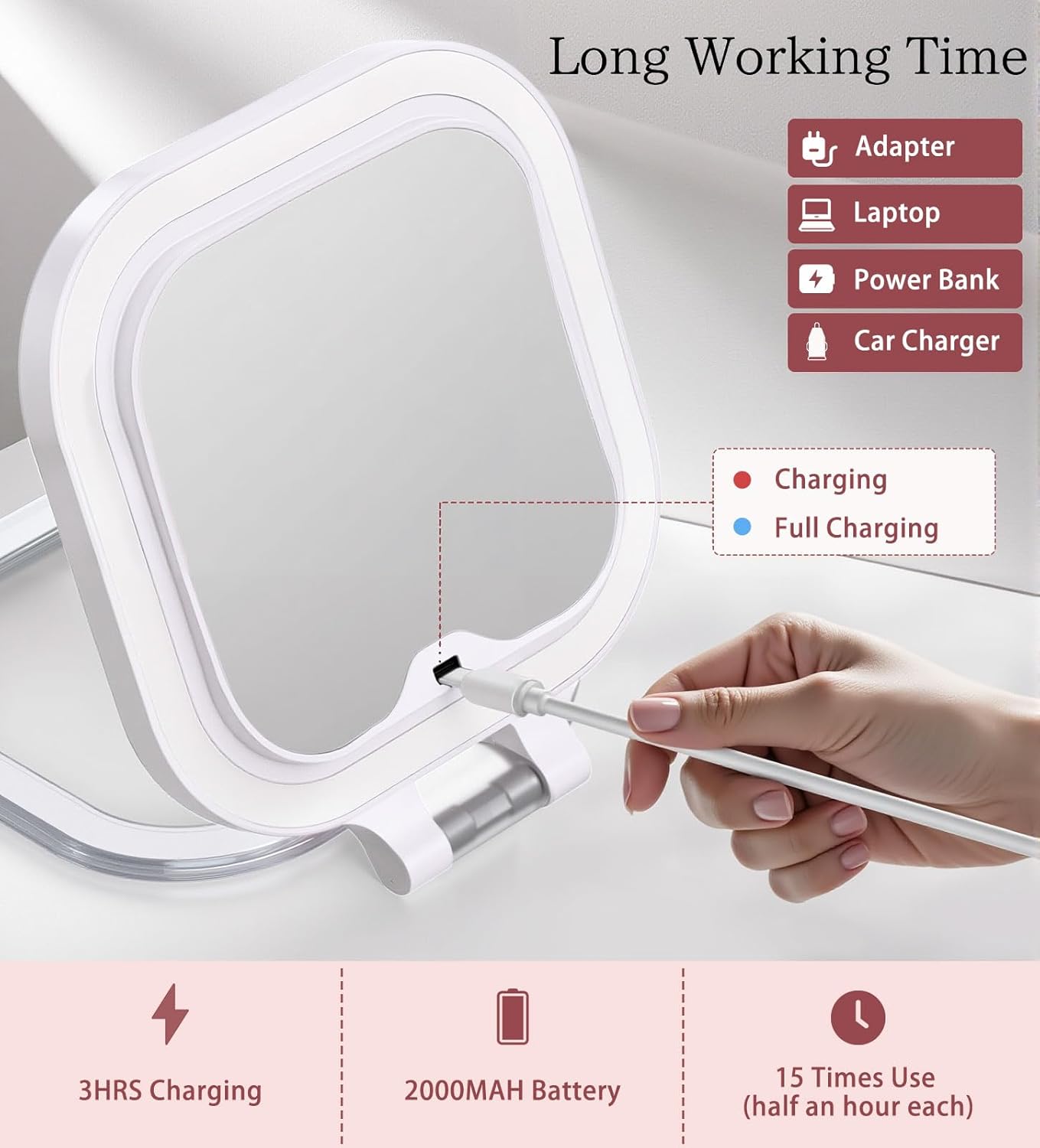 Shinowa Rechargeable Travel Makeup Mirror with 72 LED Lights, 1X/10X Magnifying Vanity Mirror with 3 Color Light, Folding Stand, 7 Inch Portable Dimmable Double Sided Compact Lighted Mirror, White