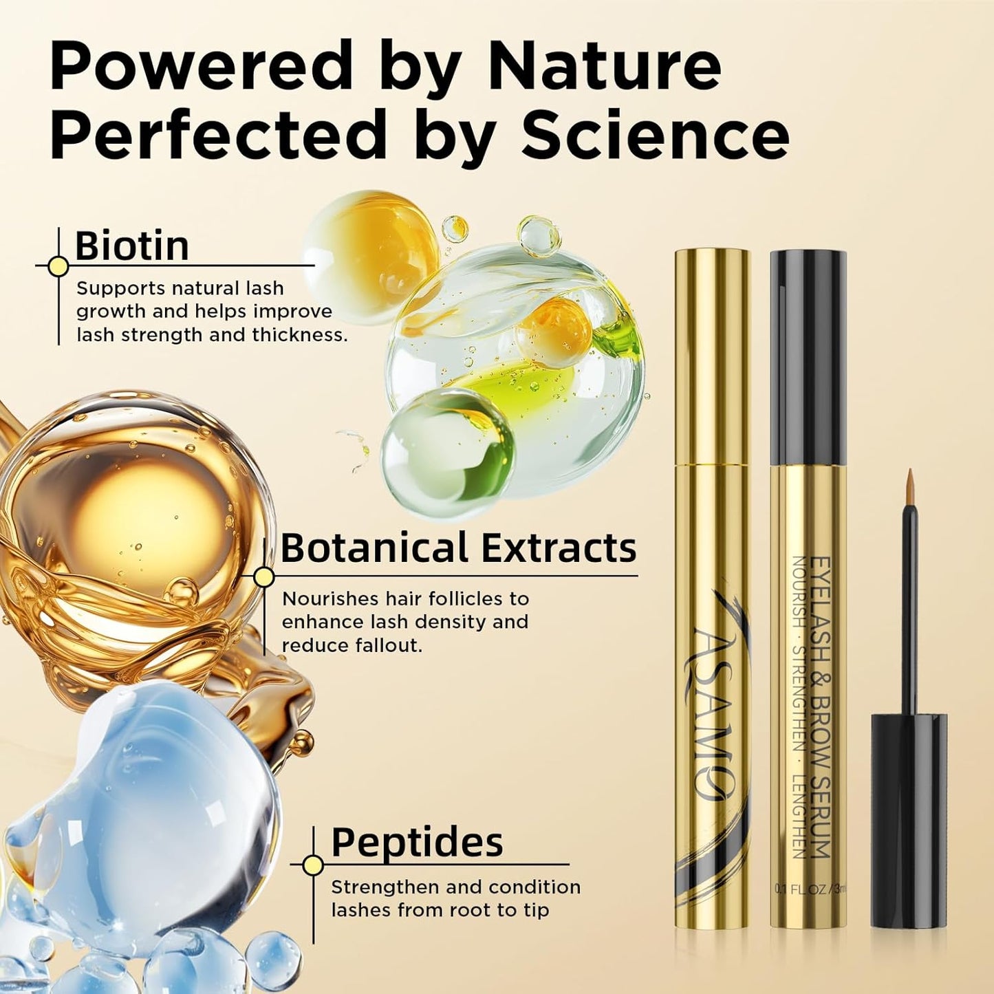 Eyelash Growth Serum & Eyebrow Growth Serum – 15 Plant Extracts with Biotin for Longer, Fuller, Thicker Lashes, Natural Vegan Gentle Nourishing Lash Enhancer (Gold Black)