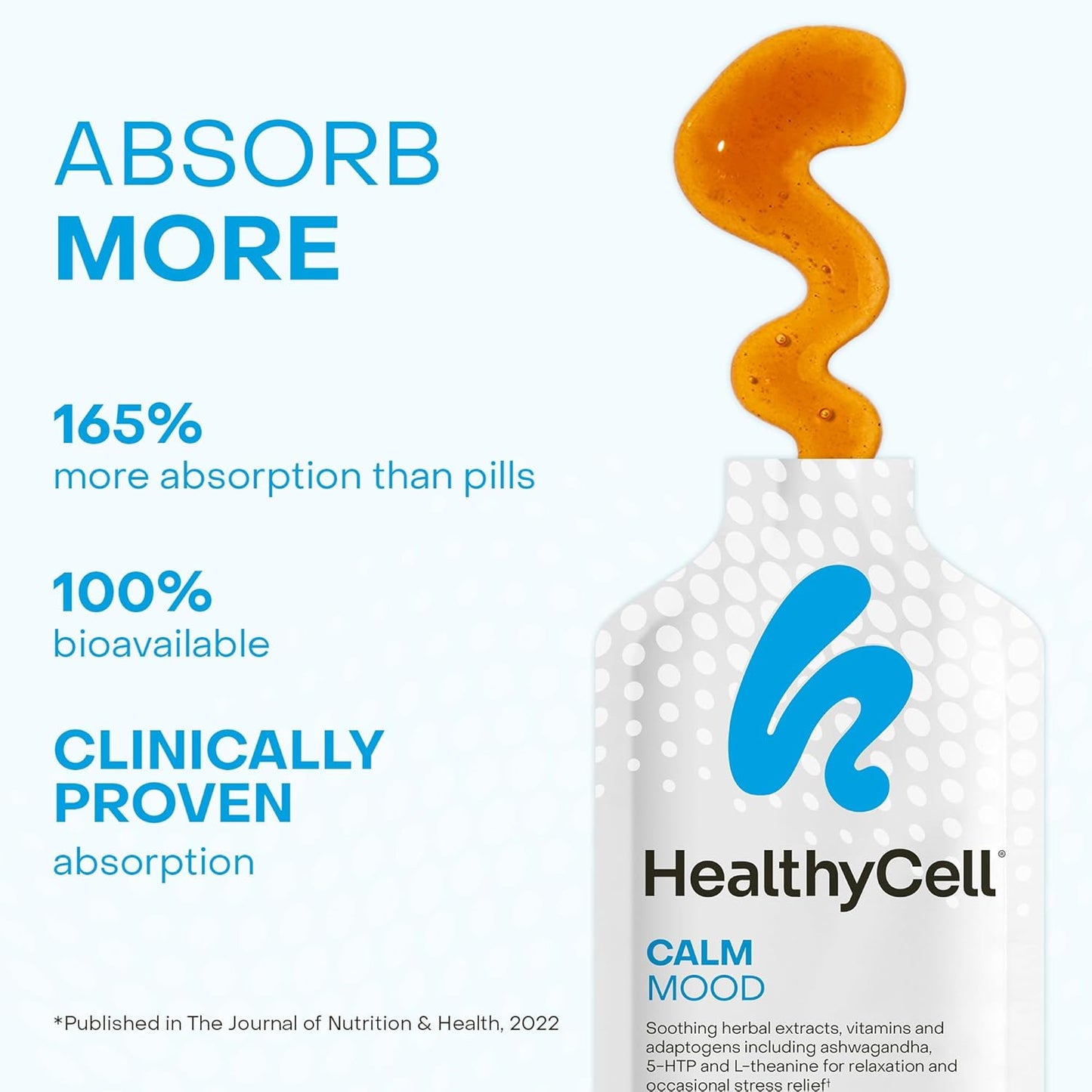 Healthycell Calm Mood Daily Liquid Supplement - Cortisol Manager & Mood Support Supplement for Stress with Ashwagandha, L-Theanine, Magnesium, 5-HTP, GABA & Saffron - 14 Gel Packs