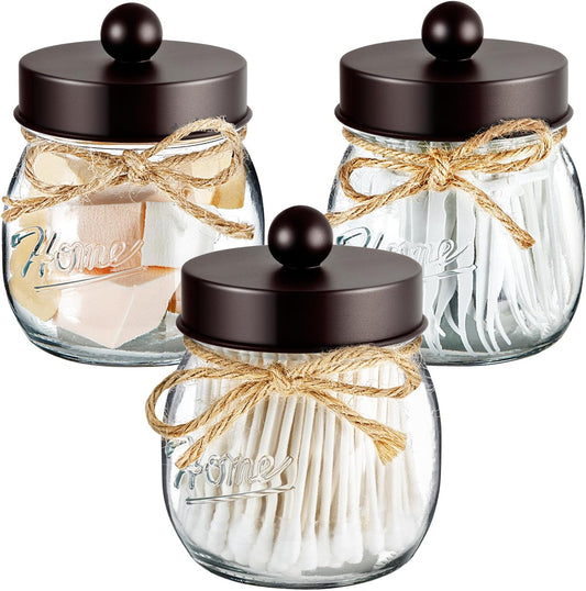 SheeChung 3 Pack Qtip Holder for Bathroom, Cotton Swab Holders, Bathroom Decor, Apothecary Jars with Lids for Cotton Round Pads, Balls, Floss Picks - Bronze