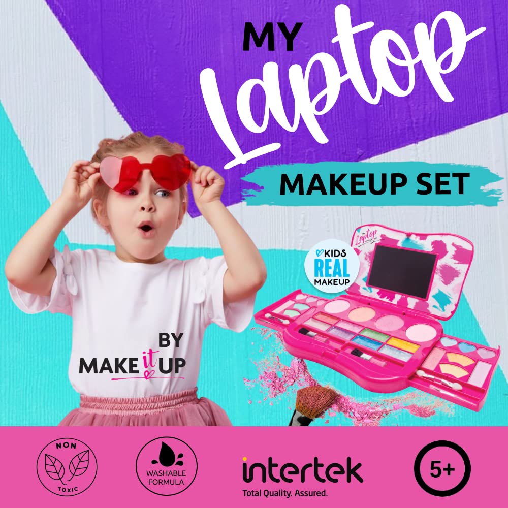 My First Makeup Set for Young Girls I Kids Makeup Kit for Little Girls I Foldable Makeup Palette with Makeup Mirror I Pink Set Makeup for Kids Vanity I Washable Laptop Design Toddler Makeup Kit Gift