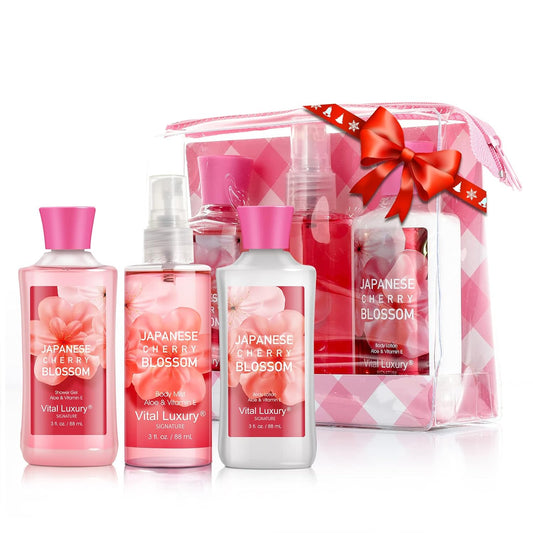 Bath & Body Care Travel Set - Home Spa Set with Body Lotion, Shower Gel and Fragrance Mist (Japanese Cherry Blossom)