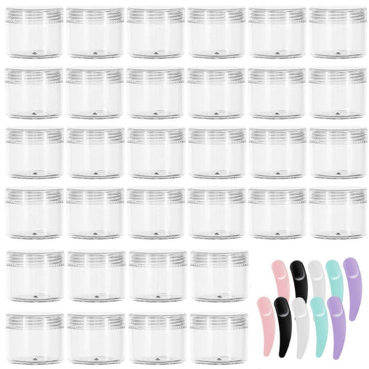 Refillable Cosmetic Sample Jars - 100 Pack 20g (0.7oz) Clear Small Travel Containers with Lids + 10 Mini Makeup Spatulas - BPA Free
